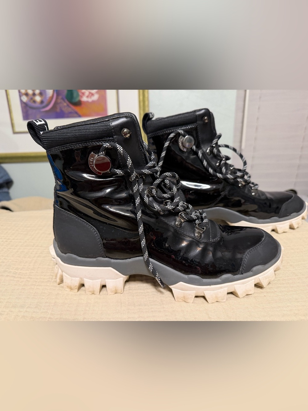 Moncler Helis Black Patent Lace-Up Women's Hiking Boots with White Lug Sole
